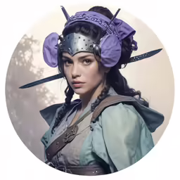 a woman is dressed in a costume and holding two sword