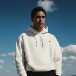 the man in a sweatshirt stands by the ocean