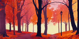 a park road with trees on both sides, and a street light,a painting of trees with orange and red leaves on the leaves