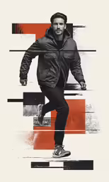 a man walking across a poster with multiple lines