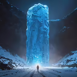 a person stands in the middle of a road with a giant iceberg as the background