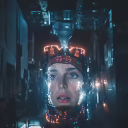 a young woman wearing an electronic device in a sci - fi fi movie