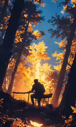 man sitting in carriage at sunset in a forest