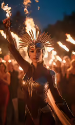 a person wearing a costume with fire on the face