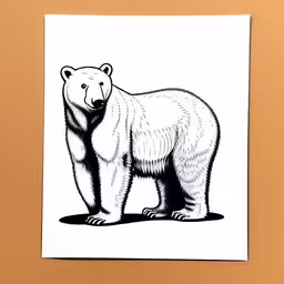 a drawing of a bear on top of a brown wall,a drawing of a bear stands on top of the wall,a polar bear standing up and looking at the camera,a small white bear sitting in front of a brown wall,a polar bear with a black and white background