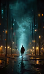 the lone person walking in the street is dark