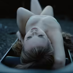 a woman with her head propped on top of her chest