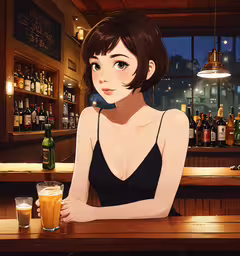 cartoon woman sitting at bar next to drinks,this is an image of a lady at the bar