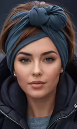 a beautiful woman with a scarf on her head wearing a gray sweater