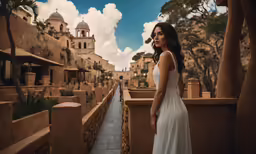 a woman standing on top of a balcony next to a building