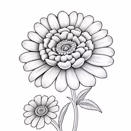 a drawing of a large flower on a white background,a black and white flower with petals and leaves on it