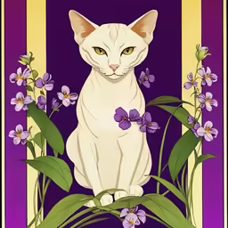 a cat sits in a frame with purple flowers and green leaves