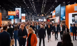a group of people in a big room full of people
