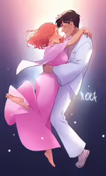 the couple is hugging on the background of the image