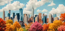 a cityscape with lots of tall buildings and trees in the fall