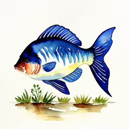 a blue fish swimming in the water next to grass,a fish that is standing on some grass