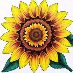 a colorful drawing of a sunflower with green leaves,a drawing of a flower with a yellow and red center
