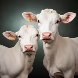 two white cows posing for a photo with a grey background