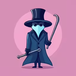 a person wearing a long coat with a hat and cane