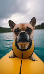 small dog on top of a yellow boat in the water