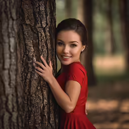 a girl standing in the woods behind a tree posing for a picture