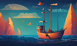 a boat sailing near a very large mountain,an art print of a ship at sea