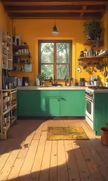 an empty kitchen with a bright yellow walls and floor