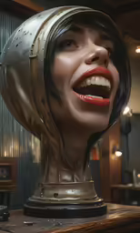 a woman with her face hidden inside a metal covering