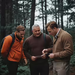 three men in a forest looking at a tablet