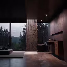 a room has large window, sofa and table in it