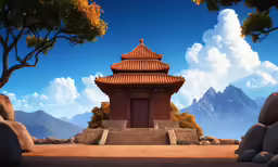 a chinese building in front of a mountain range