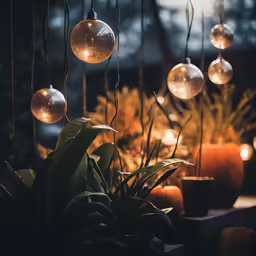 some lights hanging from the ceiling next to potted plants