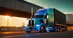 a large semi truck on a city street,a blue semi truck traveling down a highway near a bridge