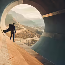the person in a hat is walking along a very tall stone
