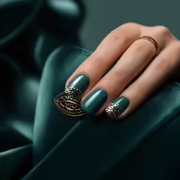 the manicured fingernails are painted in teal, gold and glitter