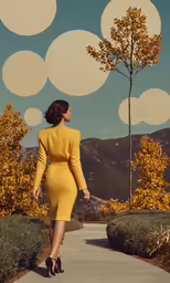 woman in a yellow dress with a tree on the side of the road