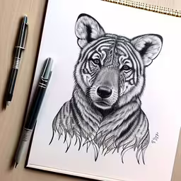 a drawing of a tiger in pen and ink,a pen drawing of a tiger