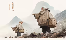 two people with bags are walking towards some mountains