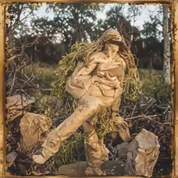 a statue with moss on the ground in the foreground