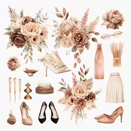 a drawing shows flowers, items and shoes to decorate the wedding day