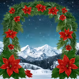 a frame of christmas decorations in the snow,an artistic christmas greeting with poinsettias in the snow