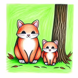 two red foxes in front of a tree