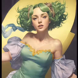 a beautiful young woman with green hair standing in front of a yellow moon