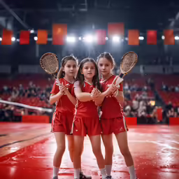 three girls are holding tennis rackets while posing for a photo