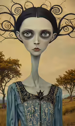 a portrait of a woman with black hair and blue eyes