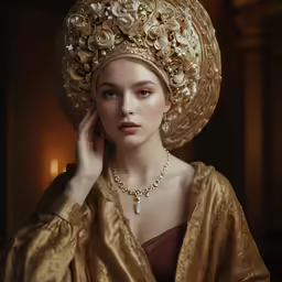 a young woman wearing an elaborate gold outfit
