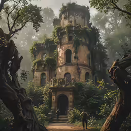a person walking in front of an old abandoned castle