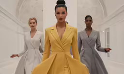 three models walk down the runway at a fashion show