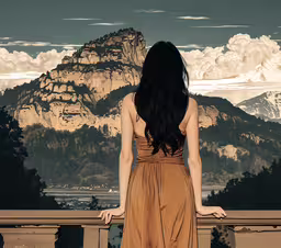 there is a woman that is standing with her back to the camera,the woman stands looking at the mountain range