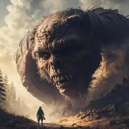 a large monster is standing in a field near a man